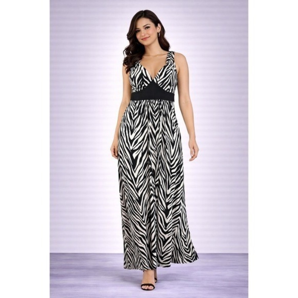 Tiana B Size M Zebra Print Maxi Dress Black White V-Neck Empire Waist Sleeveless